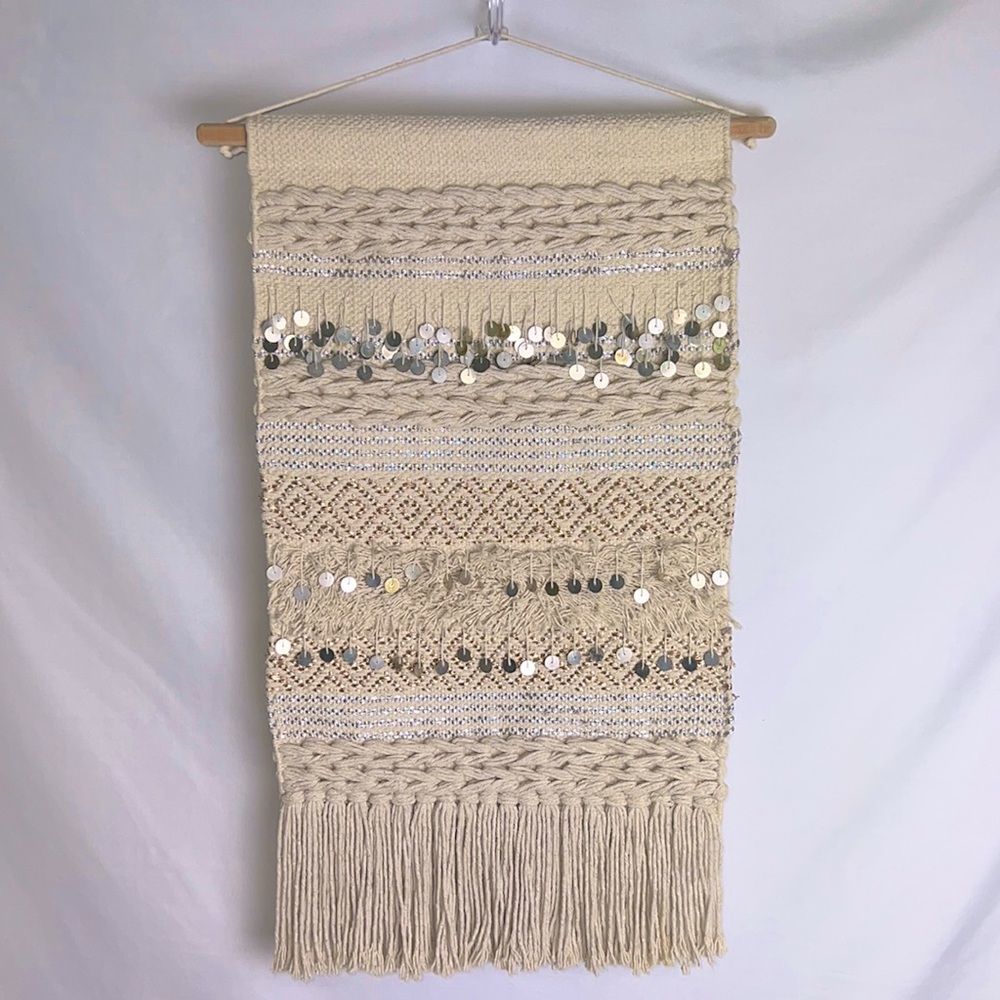 Boho Macrame Wall Hanging Beige w/Gold & Silver Accents